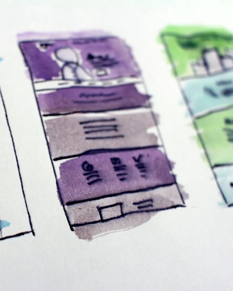 Gemalte Entwürfe von Website-Seiten